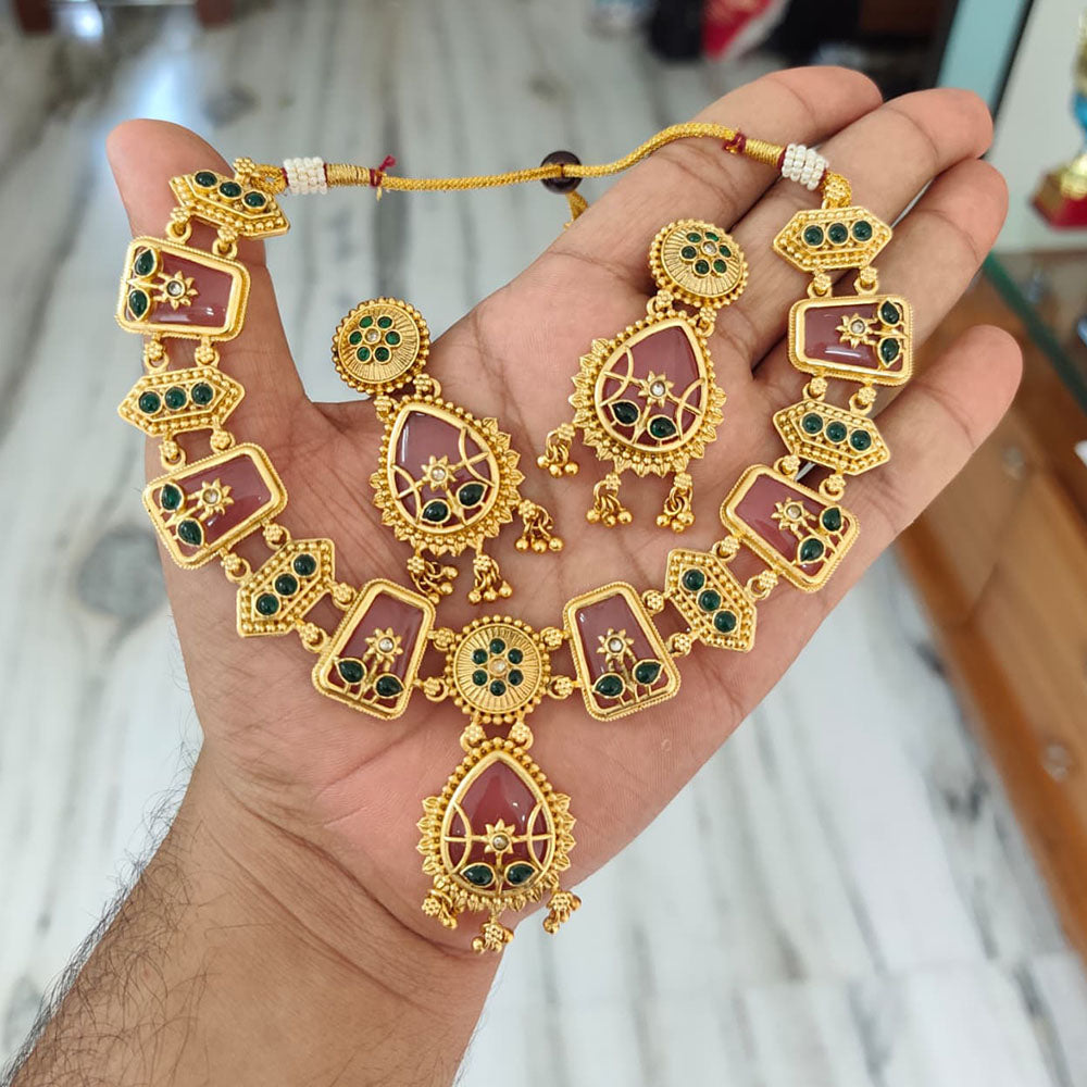 Joyful Jewel Art Traditional Matte Pota Stone And Pearl Necklace Set