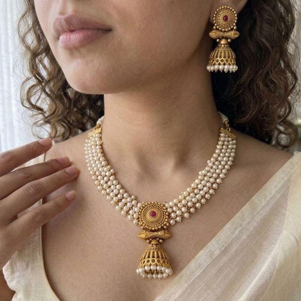 Joyful Jewel Art Traditional Matte Pota Stone And Pearl Necklace Set