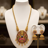 Joyful Jewel Art Traditional Matte Pota Stone And Pearl Temple Long Necklace Set