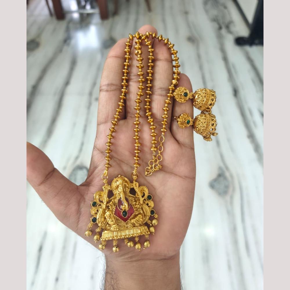 Joyful Jewel Art Traditional Matte Pota Stone And Pearl Lord Ganesha Necklace Set