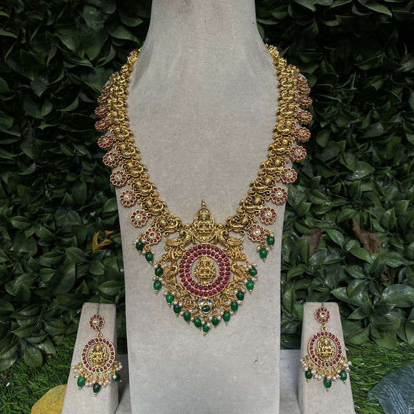 Amoliya Jewels Gold Plated Pota Stone Temple Long Necklace Set