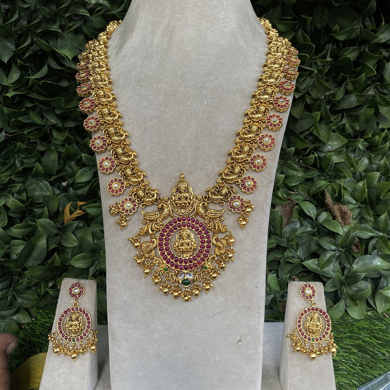 Amoliya Jewels Gold Plated Pota Stone Temple Long Necklace Set