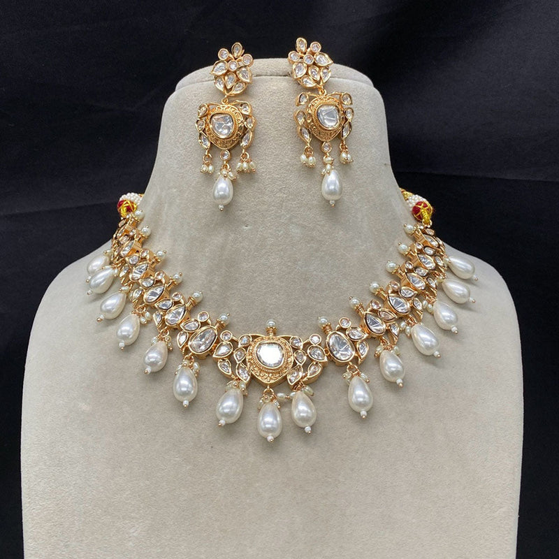 Amoliya Jewels Gold Plated Polki Kundan And Pearl  Necklace Set