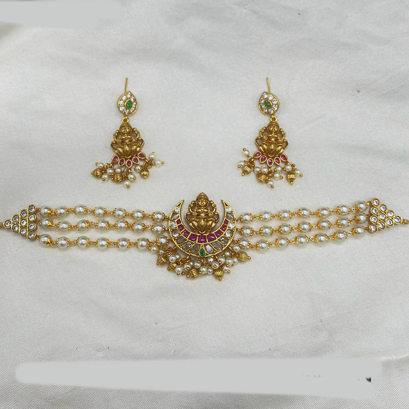 Amoliya Jewels Gold Plated Pearl And Temple Choker Necklace Set