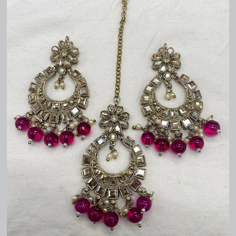 Amoliya Jewels Gold Plated Crystal Stone And Pearls Dangler Earrings With Maangtikka