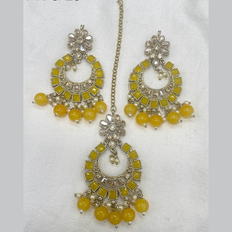 Amoliya Jewels Gold Plated Crystal Stone And Pearls Dangler Earrings With Maangtikka