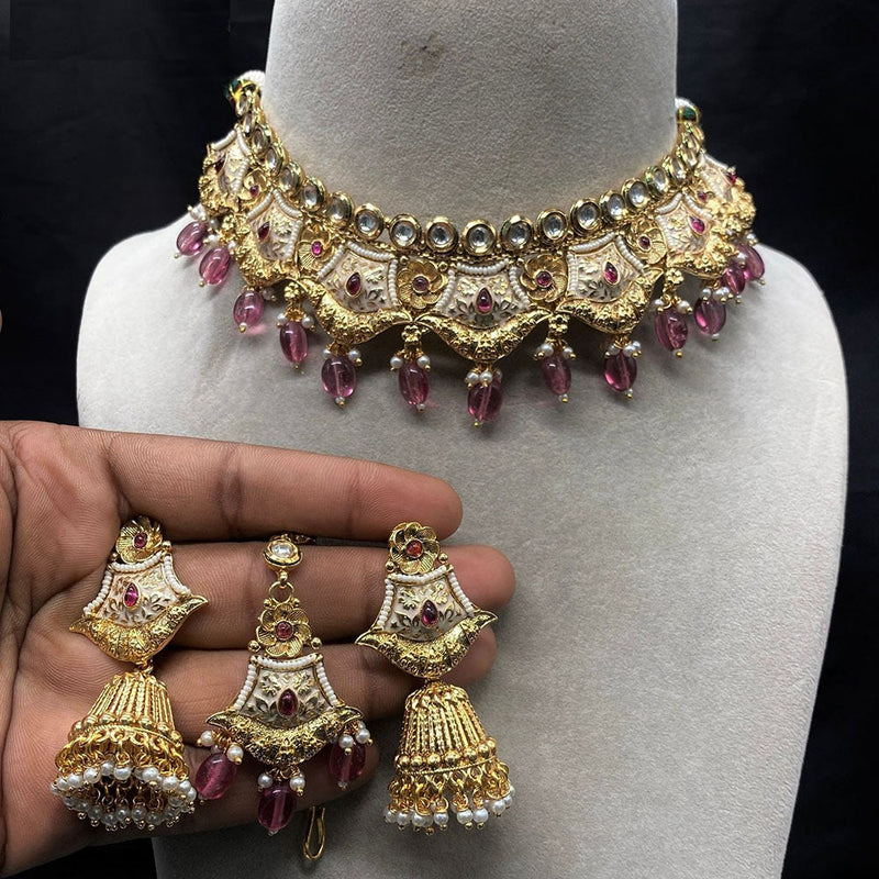 Amoliya Jewels Gold Plated Kundan Stone And Pearls Meenakari Choker Necklace Set