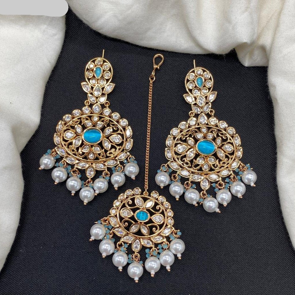 Amoliya Jewels Gold Plated Polki Kundan And Pearl Dangler Earrings With Mangtikka