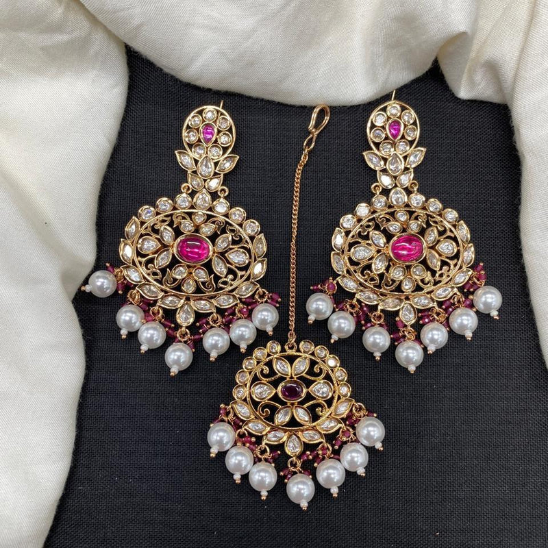 Amoliya Jewels Gold Plated Polki Kundan And Pearl Dangler Earrings With Mangtikka