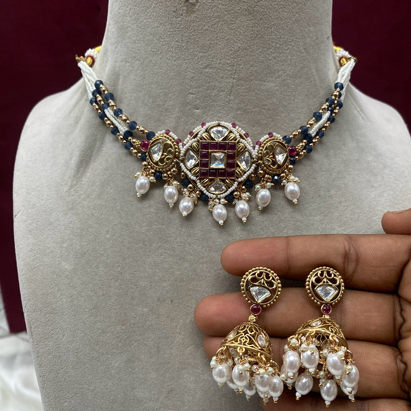 Amoliya Jewels Gold Plated Kundan Stone And Pearls Choker Necklace Set