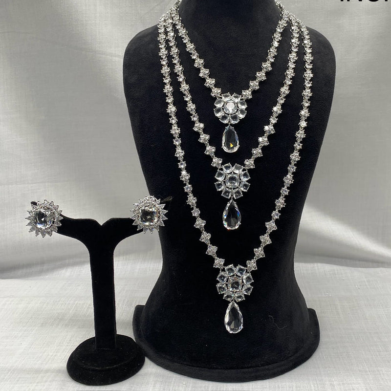 Amoliya Jewels Silver Plated American Diamond Multi Layer Long Necklace Set