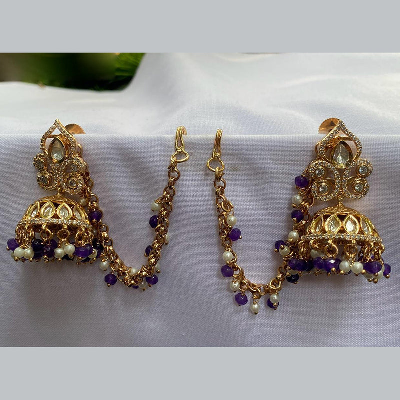 Amoliya Jewels Gold Plated Polki Kundan And Pearls Jhumki Earrings With Kanchain