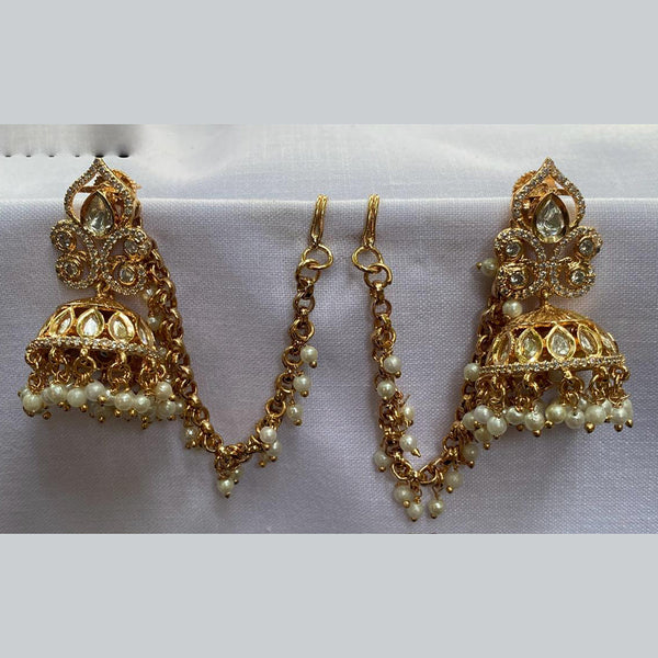 Amoliya Jewels Gold Plated Polki Kundan And Pearls Jhumki Earrings With Kanchain