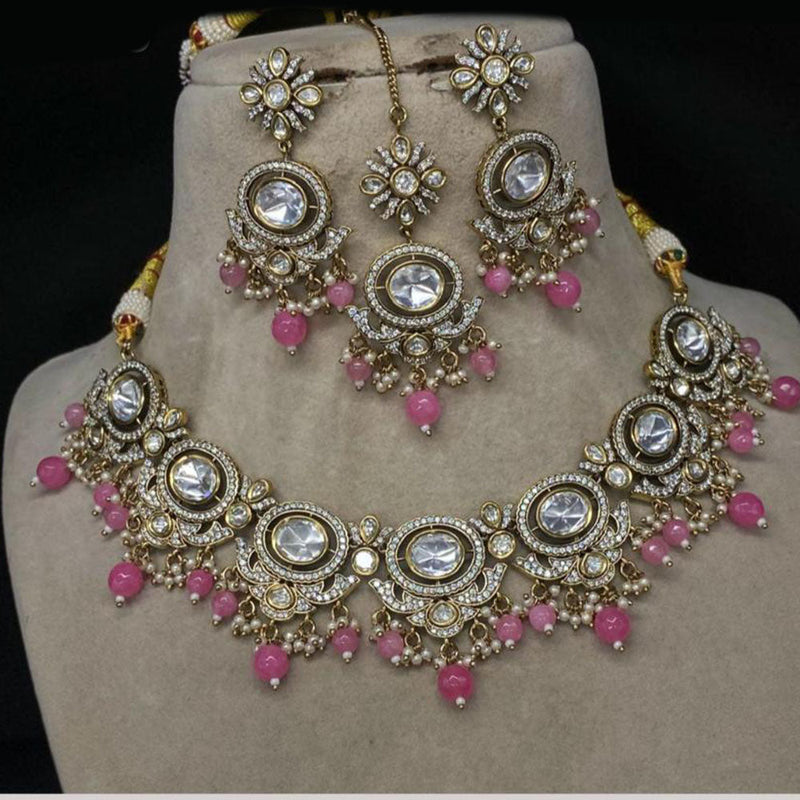 Amoliya Jewels Gold Plated Polki Kundan Stone And Beads Necklace Set