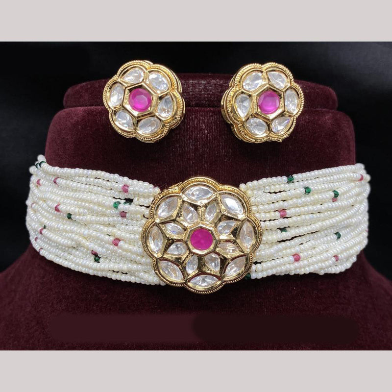 Amoliya Jewels Gold Plated Polki Kundan Stone And Pearls Choker Necklace Set