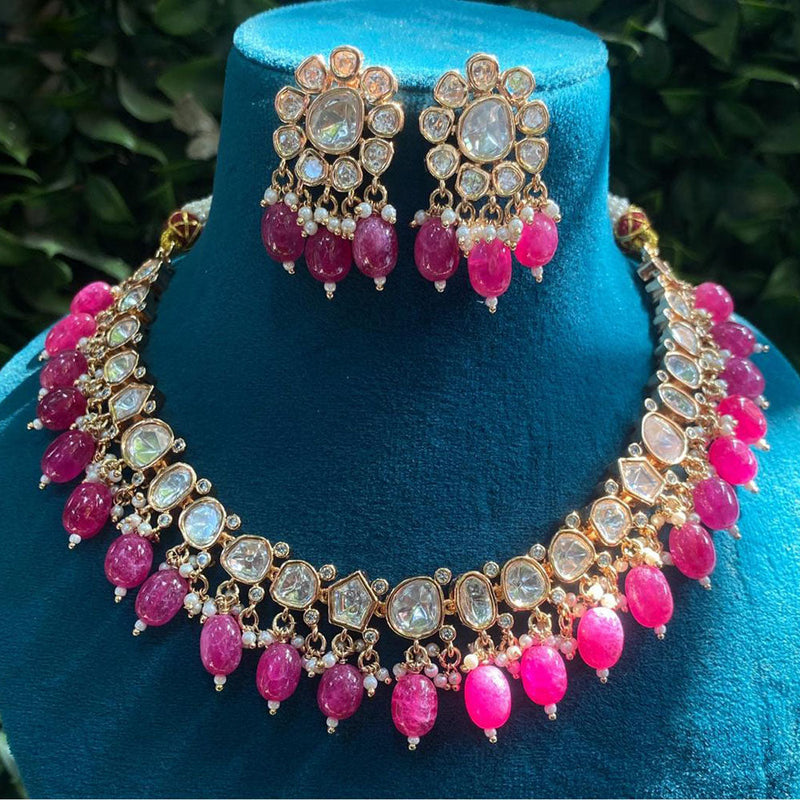 Amoliya Jewels Gold Plated Polki Kundan Stone And Beads Necklace Set