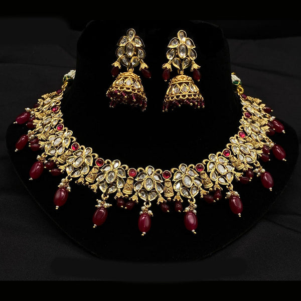 Amoliya Jewels Gold Plated Polki Kundan Stone And Beads Necklace Set