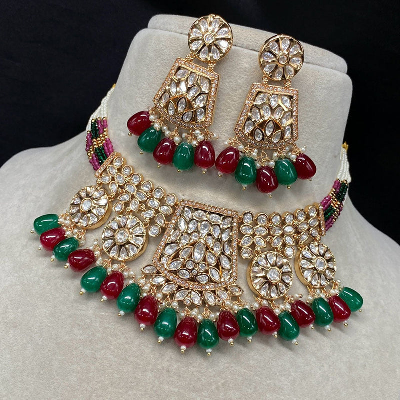 Amoliya Jewels Gold Plated Polki Kundan Stone And Beads Choker Necklace Set