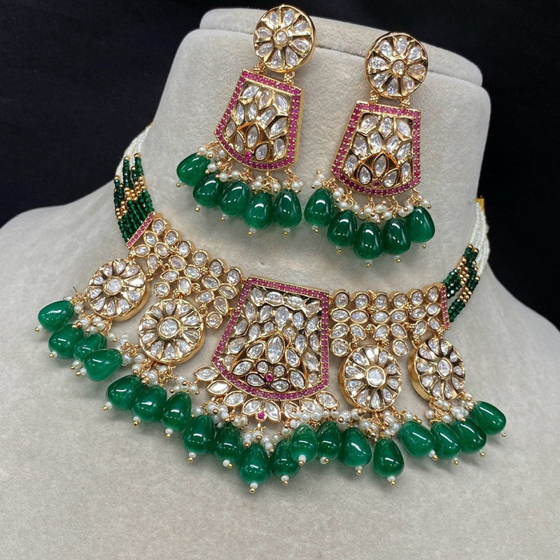 Amoliya Jewels Gold Plated Polki Kundan Stone And Beads Choker Necklace Set