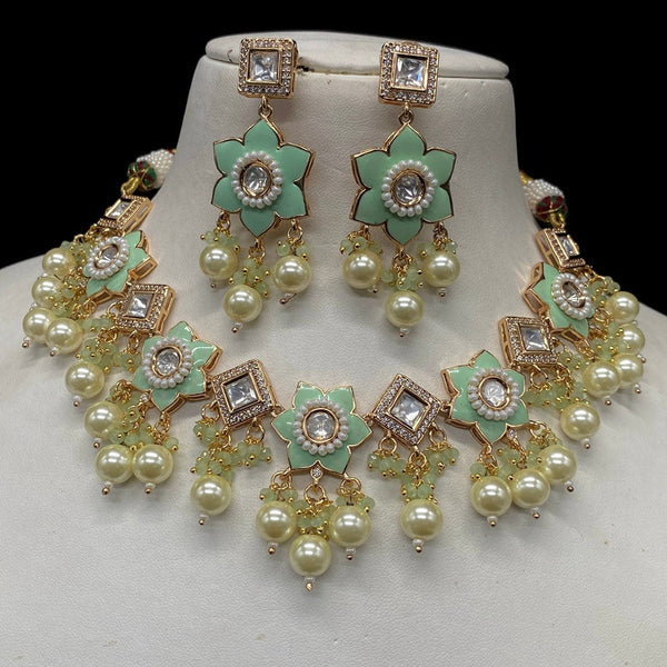 Amoliya Jewels Gold Plated Polki Kundan Stone And Beads Meenakari Choker Necklace Set