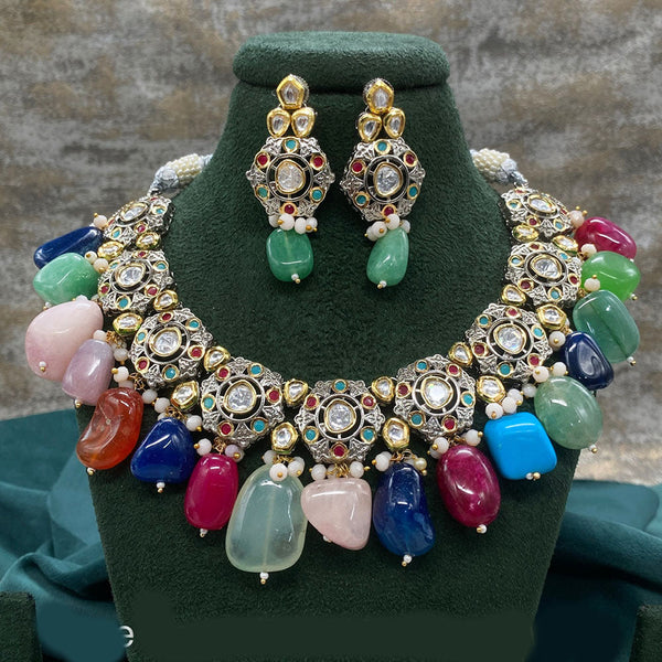 Amoliya Jewels 2 Tone Plated Polki Kundan Stone And Beads Necklace Set