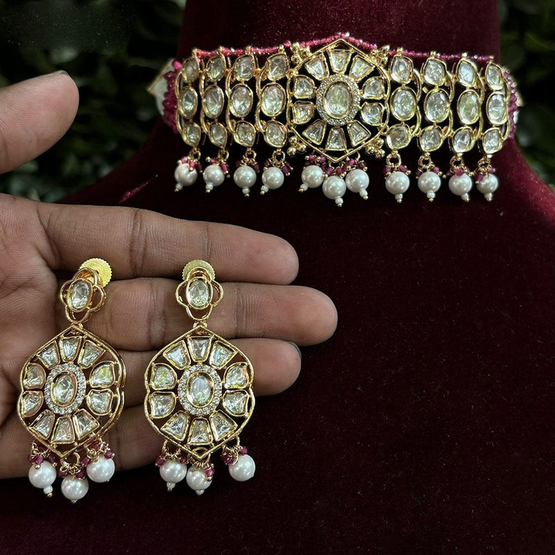 Amoliya Jewels Gold Plated Polki Kundan Stone And Beads Choker Necklace Set