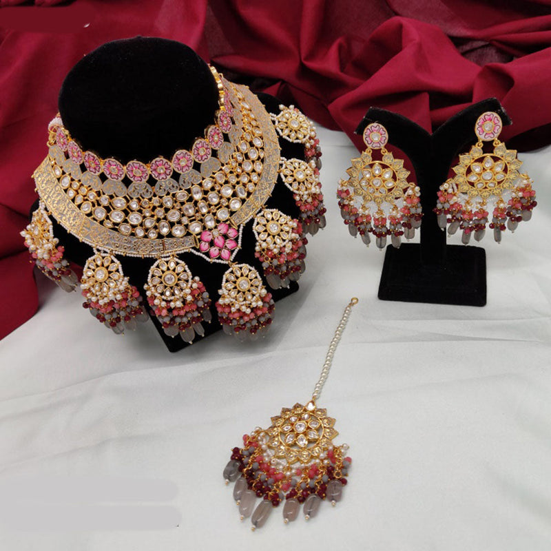 Amoliya Jewels Gold Plated Polki Kundan Stone And Beads Meenakari Choker Necklace Set