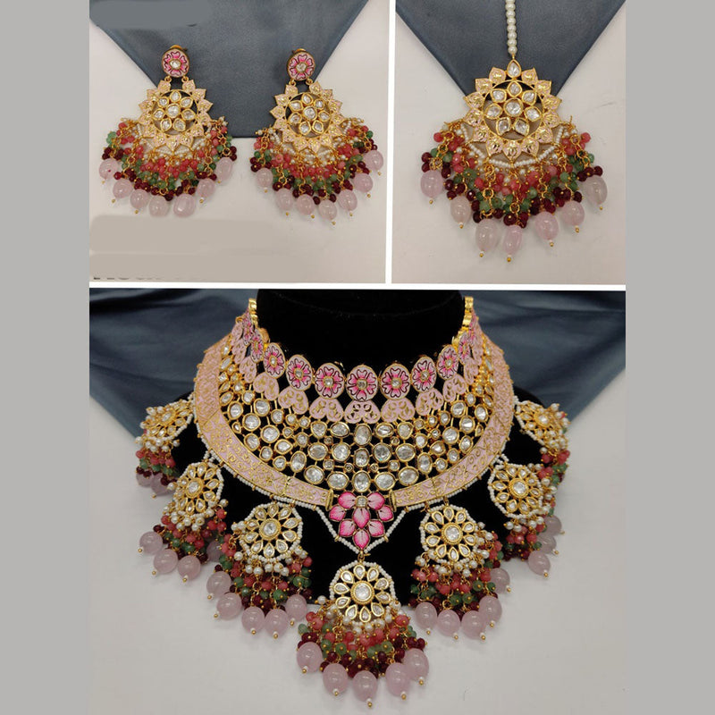 Amoliya Jewels Gold Plated Polki Kundan Stone And Beads Meenakari Choker Necklace Set