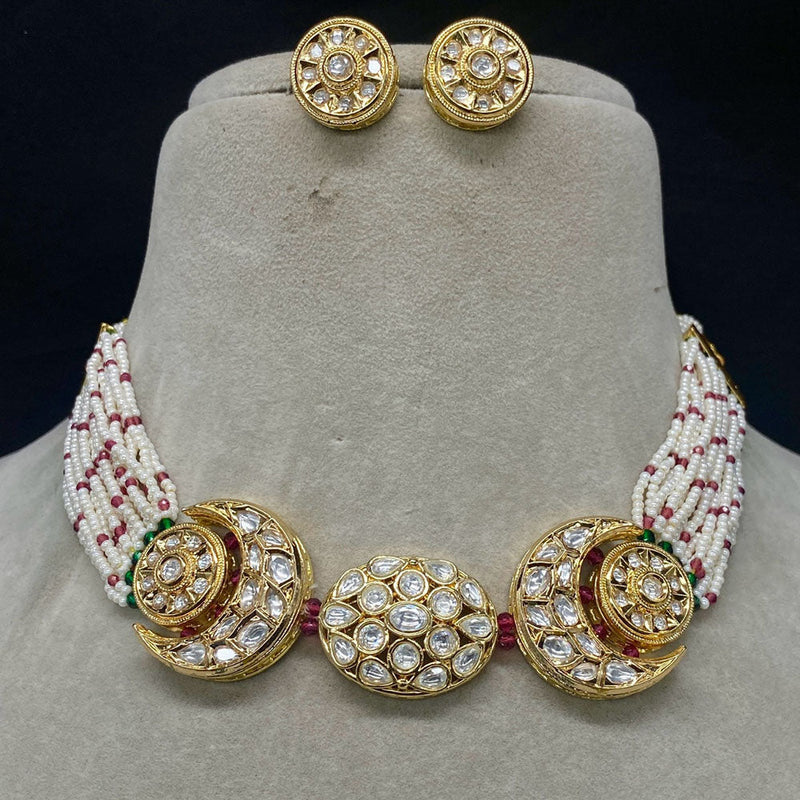 Amoliya Jewels Gold Plated Polki Kundan Stone And Pearls Choker Necklace Set