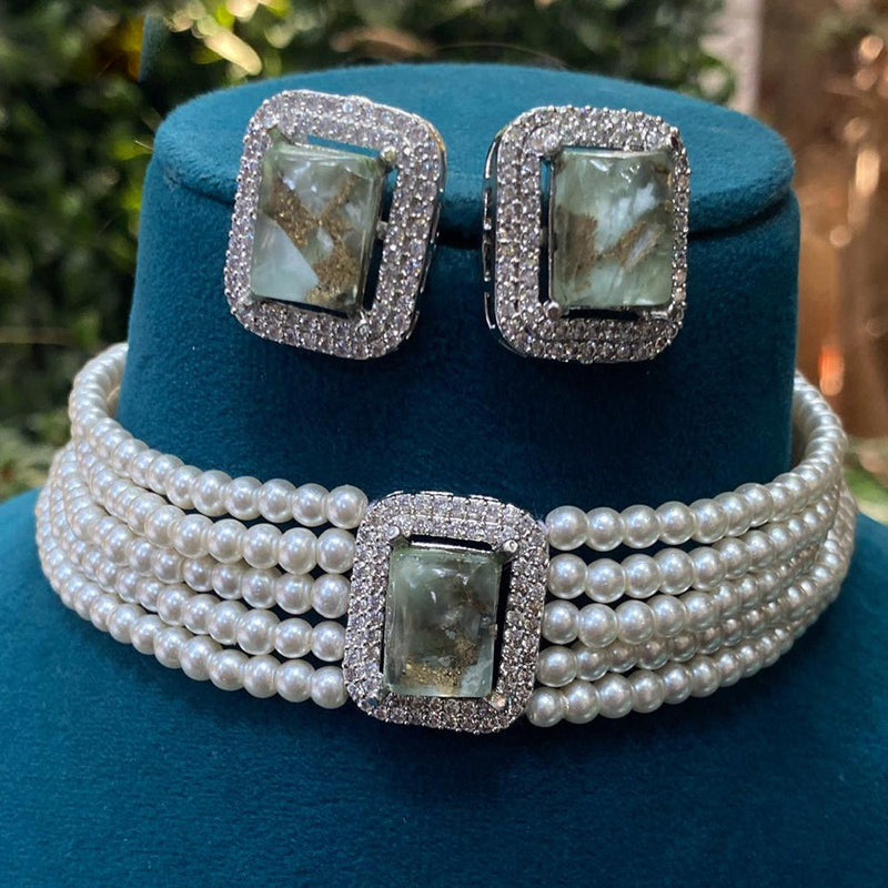 Amoliya Jewels Silver Plated Druzy Crystal Stone And Pearls Choker Necklace Set