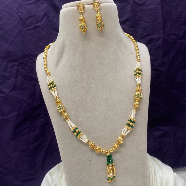 Amoliya Jewels Gold Plated Pota Stone And Pearls Long Necklace Set