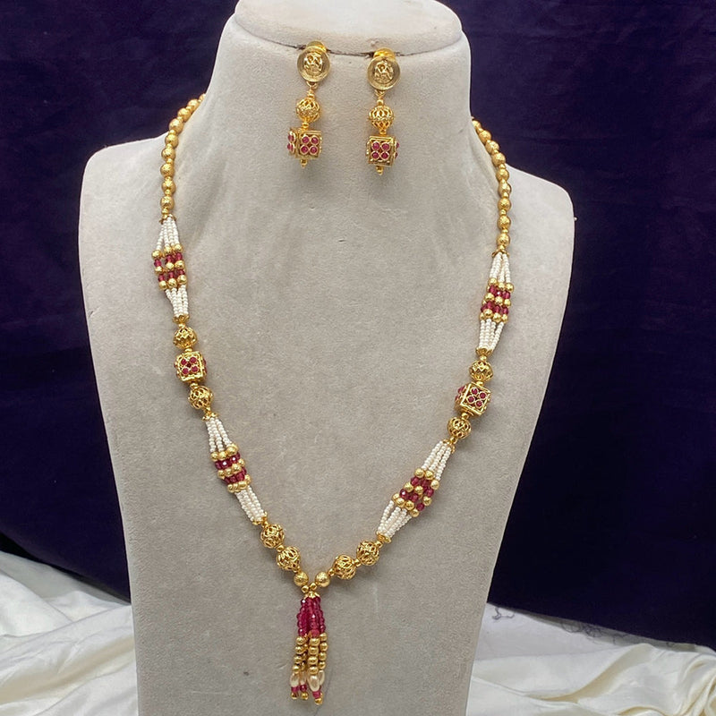 Amoliya Jewels Gold Plated Pota Stone And Pearls Long Necklace Set