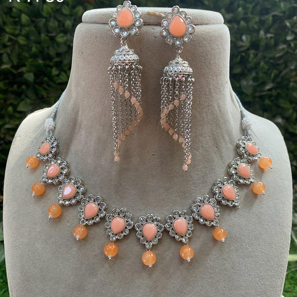 Amoliya Jewels Silver Plated Crystal Stone And Pearls Necklace Set