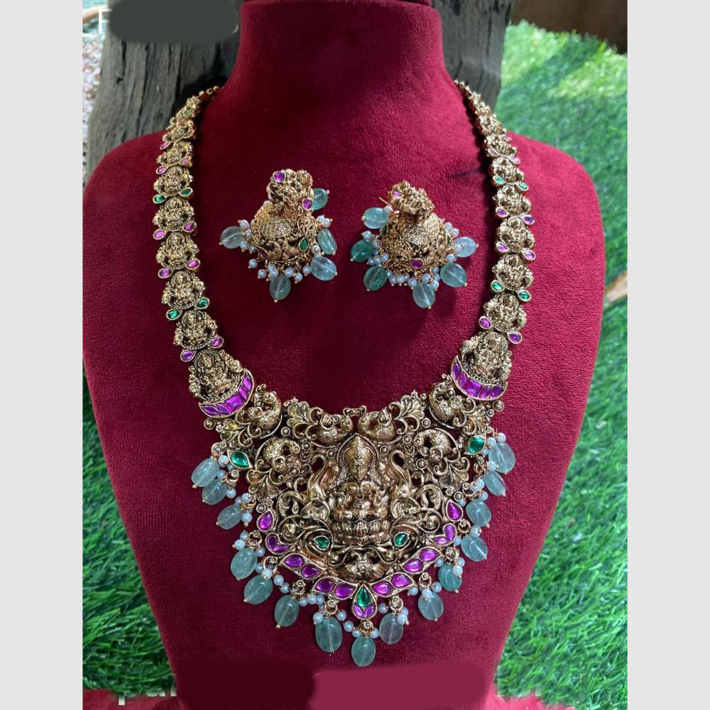 Amoliya Jewels Gold Plated Pota Stone And Pearls Temple Necklace Set