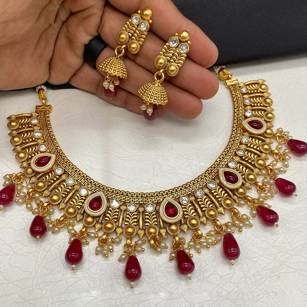 Amoliya Jewels Gold Plated Pota Stone And Meenakari Necklace Set