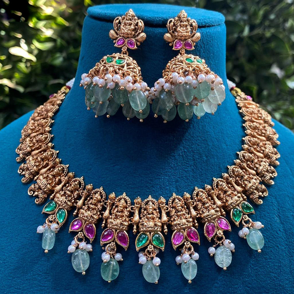 Amoliya Jewels Gold Plated Pota Stone And Pearls Temple Necklace Set