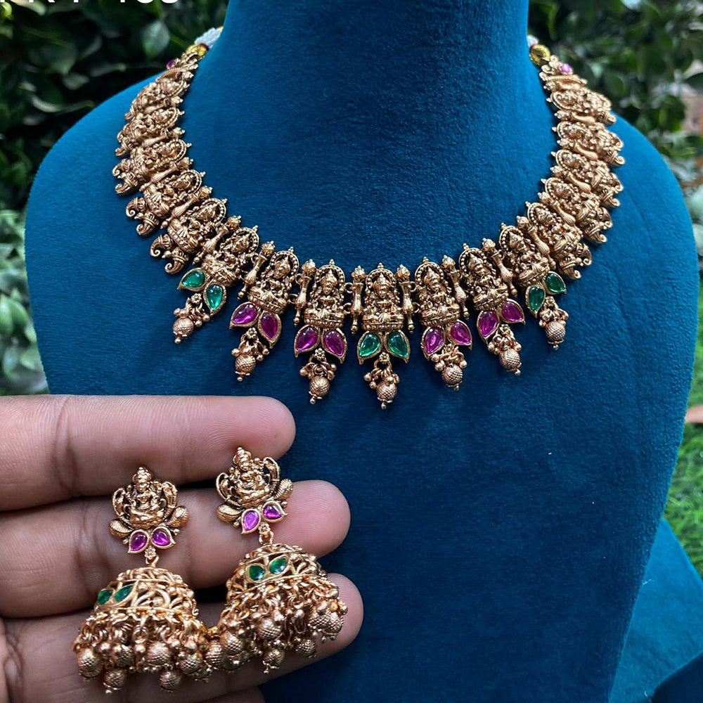 Amoliya Jewels Gold Plated Pota Stone And Pearls Temple Necklace Set