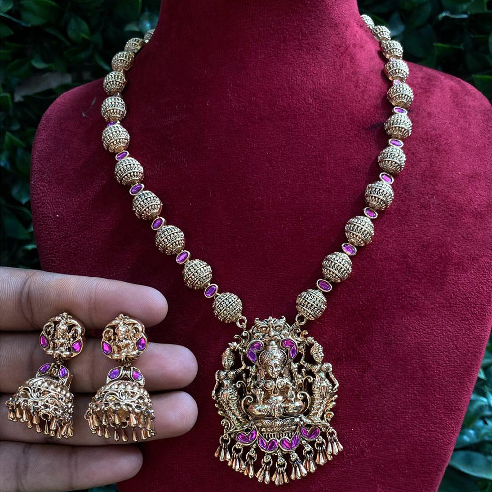 Amoliya Jewels Gold Plated Pota Stone And Pearls Temple Necklace Set