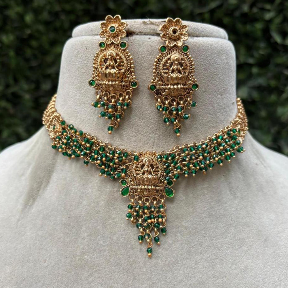 Amoliya Jewels Gold Plated Antique Pota Stone and Pearl Temple Style Necklace Set