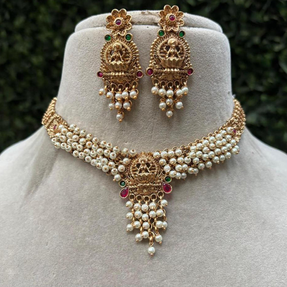 Amoliya Jewels Gold Plated Antique Pota Stone and Pearl Temple Style Necklace Set