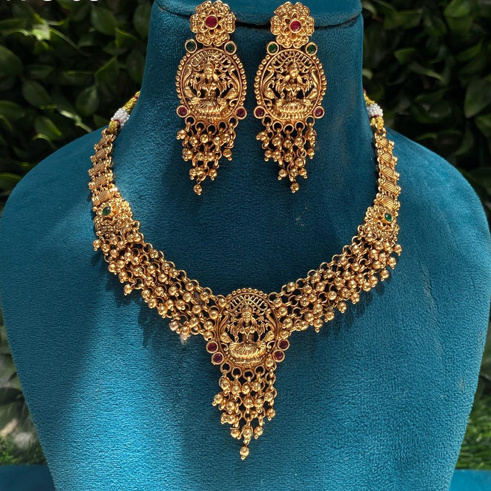 Amoliya Jewels Traditional Gold-Plated Pota And Pearl Temple Necklace Set