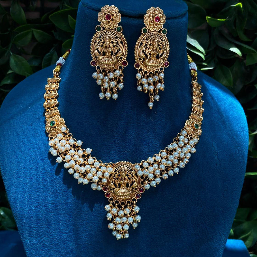 Amoliya Jewels Traditional Gold-Plated Pota And Pearl Temple Necklace Set