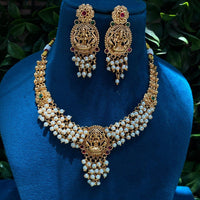 Amoliya Jewels Traditional Gold-Plated Pota And Pearl Temple Necklace Set
