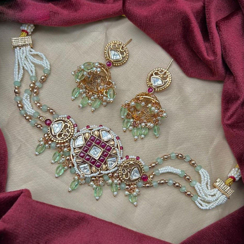 Amoliya Jewels Traditional Gold-Plated Pota Stone And Beads Necklace Set