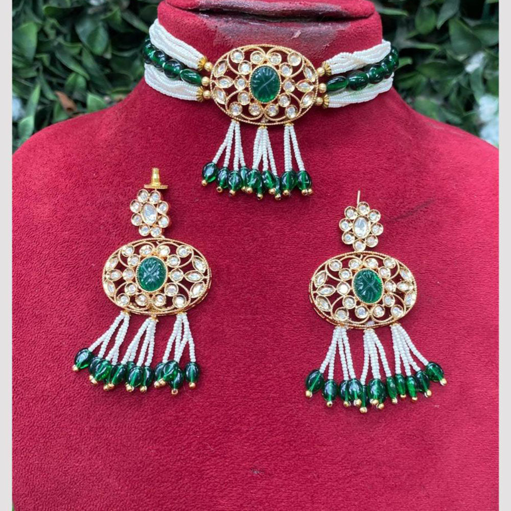 Amoliya Jewels Traditional Gold-Plated Polki Kundan And Beads Choker Necklace Set