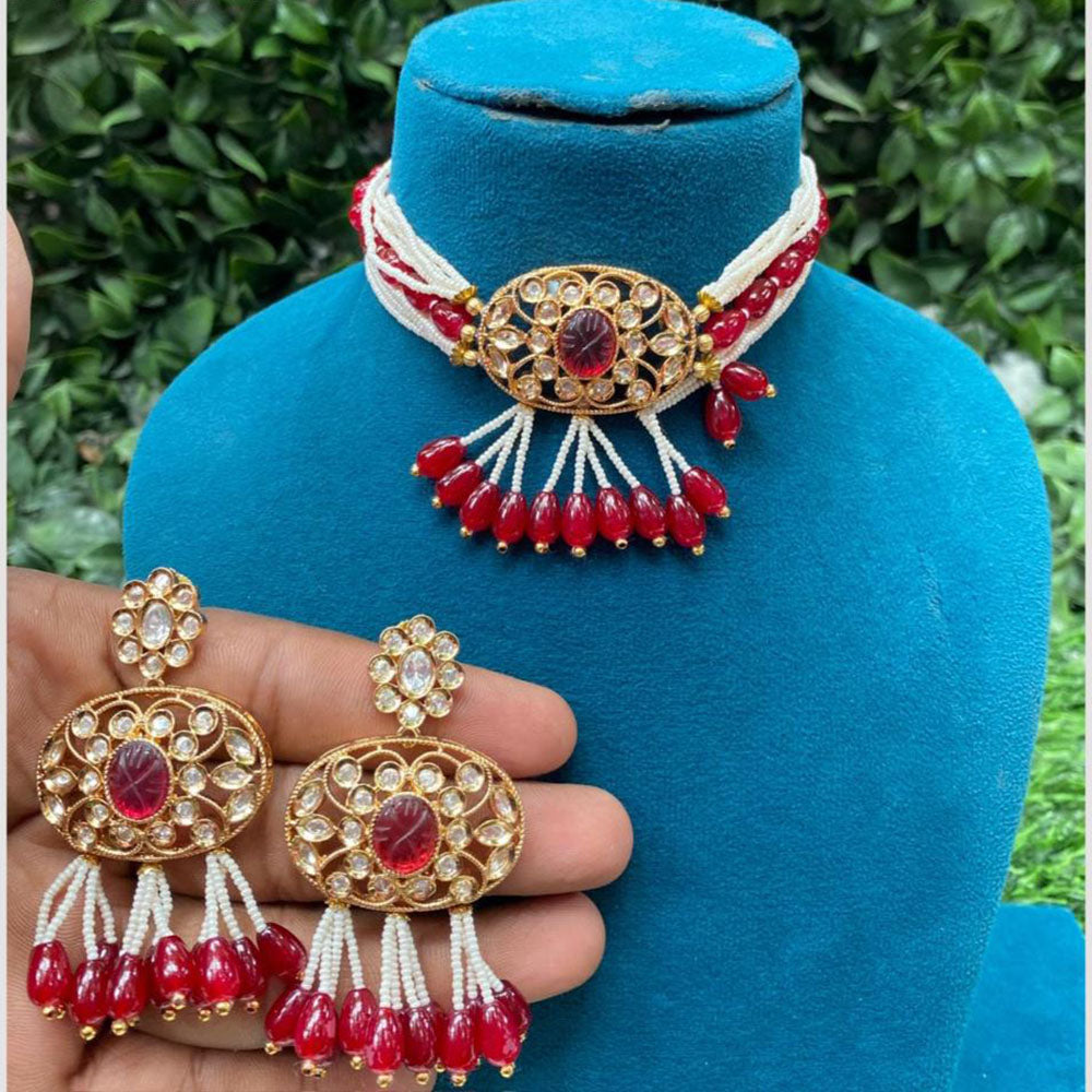 Amoliya Jewels Traditional Gold-Plated Polki Kundan And Beads Choker Necklace Set