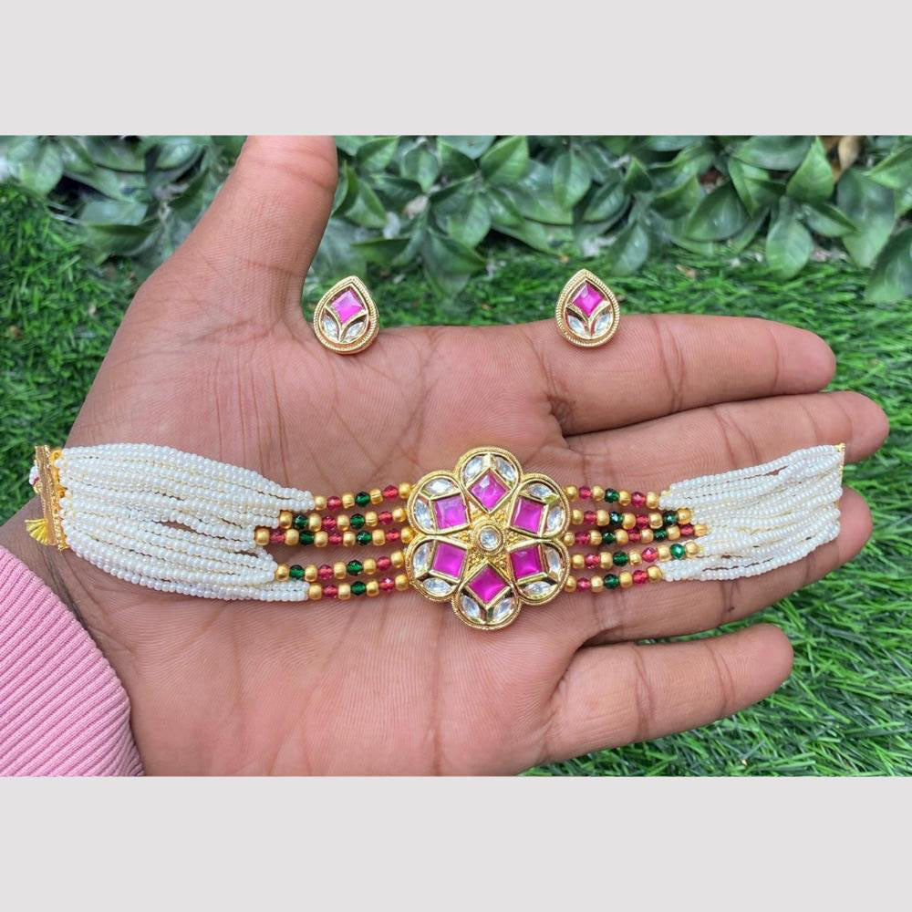 Amoliya Jewels Traditional Gold-Plated Polki Kundan And Beads Choker Necklace Set
