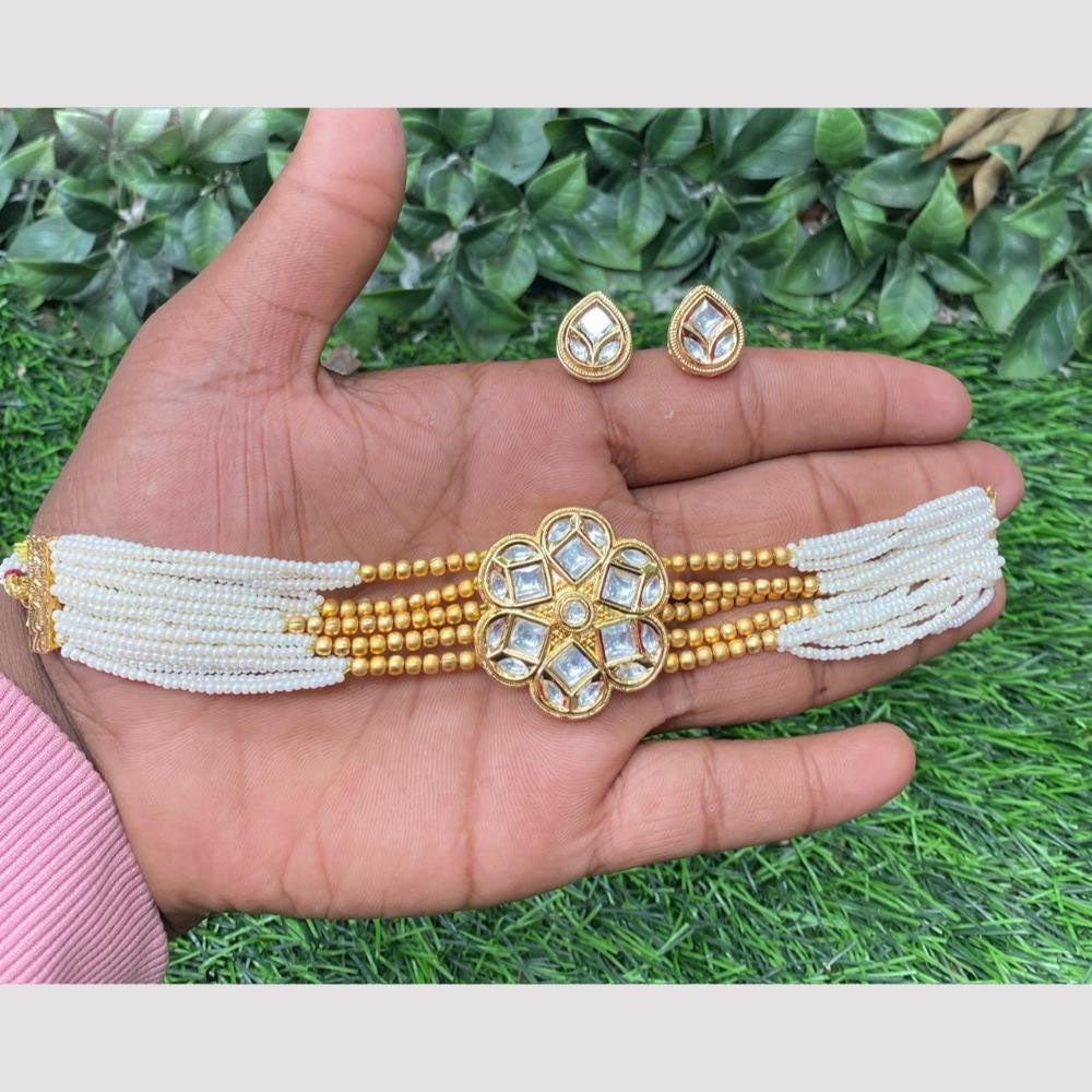 Amoliya Jewels Traditional Gold-Plated Polki Kundan And Beads Choker Necklace Set