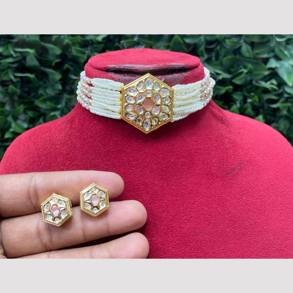 Amoliya Jewels Traditional Gold-Plated Polki Kundan And Beads Choker Necklace Set