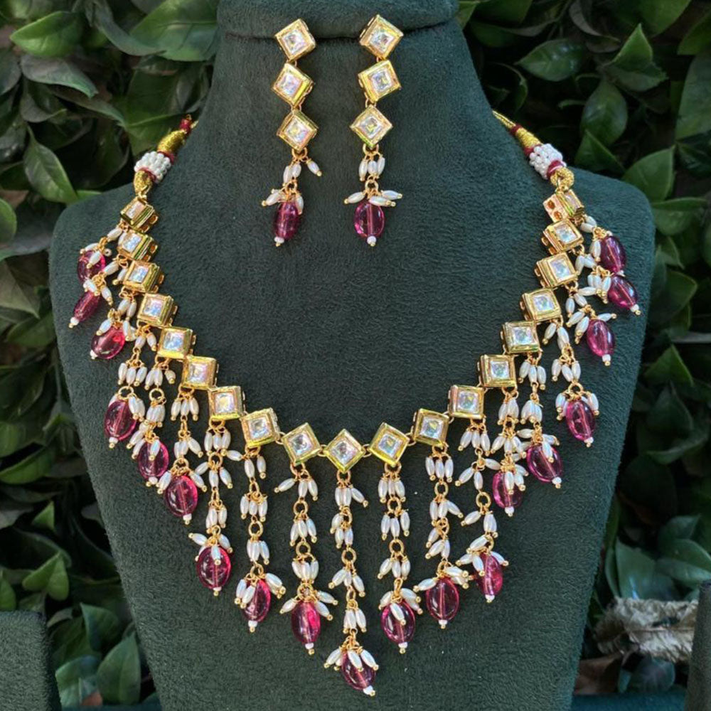 Amoliya Jewels Elegant Gold Plated Kundan Stone And Beads Necklace Set